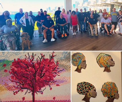 Robin (center in red) says using different color palettes in her art helps her showcase her emotions. Her art took center stage at the Perez Museum in Miami in 2022.